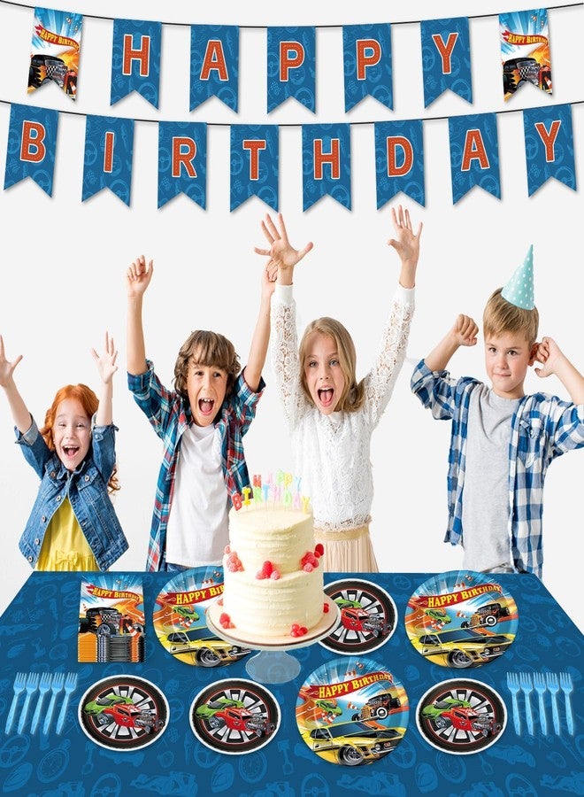 تفكس جيه مجموعة أدوات مائدة للاستخدام مرة واحدة لحفلات أعياد ميلاد الأولاد، تتضمن 98 قطعة من لوازم حفلات سيارات السباق، وأطباق ورقية، ومناديل، ومفرش طاولة بلاستيكي مستطيل، ولافتة، وشعار سيارات السباق. تكفي لـ 24 شخصًا. - Image 4